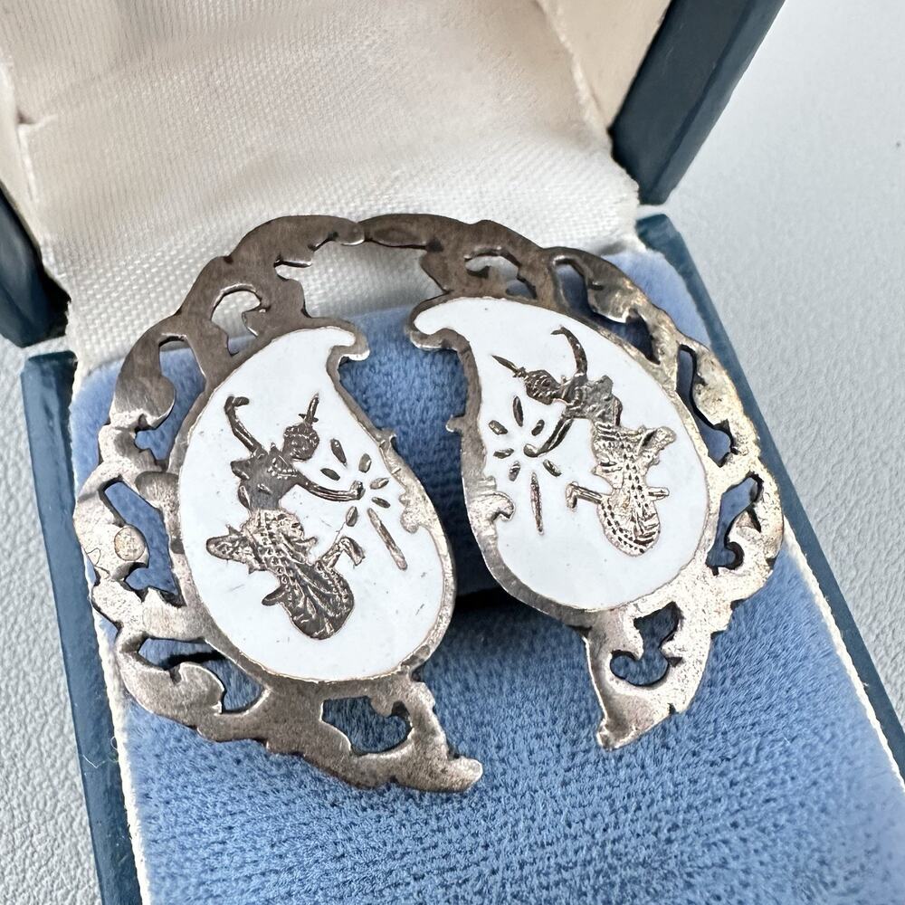 Vintage Siam Sterling Silver Niello Dancer Earrings Clips Climber White Clip-on